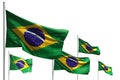 Pretty five flags of Brazil are wave isolated on white - any celebration flag 3d illustration