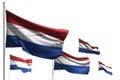 Pretty five flags of Netherlands are wave isolated on white - picture with soft focus - any celebration flag 3d illustration