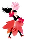 Pretty flamenco dancer girl wearing a skirt in the shape of a lily flower, and with a fan in the shape of a pink cosmos flower Royalty Free Stock Photo