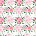 Pretty floral seamless pattern with pink pastel roses and green foliage on white background. Spring botanical print Royalty Free Stock Photo