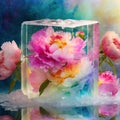 pretty flowers frozen in an ice cube in rainbow colors