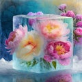 pretty flowers frozen in an ice cube in rainbow colors