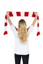 Pretty football fan in white cheering Royalty Free Stock Photo