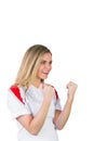 Pretty football fan in white cheering Royalty Free Stock Photo