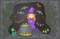 Pretty friendly witch brews a potion. Magic potion boils in a ca