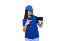 pretty friendly young promoter woman in blue cotton t-shirt and cap showing smartphone mockup