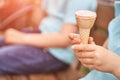 Pretty fun kid eating ice cream at park. Vacation concept. Staycation lifestyle Royalty Free Stock Photo