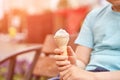 Pretty fun kid eating ice cream at park. Vacation concept. Staycation lifestyle Royalty Free Stock Photo