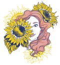 Pretty gilr with long curly hair and sunflowers