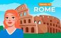 Pretty girl on the background of coliseum. Young woman travel Italy, visit architectural monuments