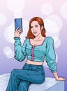 Pretty girl. A beautiful woman posed for selfie with mobile phone. Illustration vector On pop art comics style.