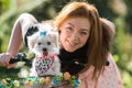 Pretty girl with bicycle and Maltese dog Royalty Free Stock Photo