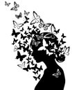 Silhouette girl with butterflies silhouettes. Vector illustration Royalty Free Stock Photo