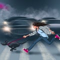 Pretty Girl cartoon character with a dog on a leash runs across the road at a red light Royalty Free Stock Photo