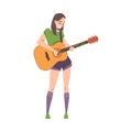 Pretty Girl in Casual Clothes Playing Acoustic Guitar, Musician Guitarist Character Performing at Concert Cartoon Style