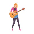 Pretty Girl in Casual Clothes Playing Guitar, Woman Musician Guitarist Character Performing at Concert Cartoon Style