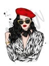 Pretty girl in a clothes and beret. Vector illustration. Fashion and style, clothing and accessories.