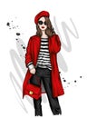 Pretty girl in a clothes and beret. Vector illustration. Fashion and style, clothing and accessories.