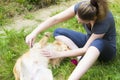 Pretty girl combing dog outdoor Royalty Free Stock Photo