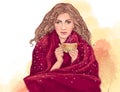 Pretty girl with cup of hot tea or coffee, wrapped in warm red blanket