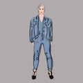 Pretty girl in a Denim suit. Blue jeans and a jacket. Fashionable image, model, self-confidence, pride. Vector isolated