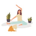 Pretty girl doing yoga with pug dog. Pet lover Royalty Free Stock Photo