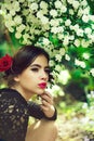 Pretty girl with fashionable spanish makeup, rose flower in hair Royalty Free Stock Photo