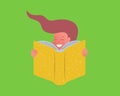 Pretty girl with flying long hair smiling and holding a book in her hands. Smart child reads a book, studies. Cartoon