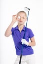 Pretty girl golfer on white backgroud in studio Royalty Free Stock Photo