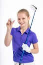 Pretty girl golfer on white backgroud in studio Royalty Free Stock Photo