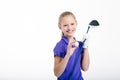 Pretty girl golfer on white backgroud in studio Royalty Free Stock Photo