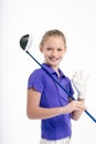 Pretty girl golfer on white backgroud in studio Royalty Free Stock Photo