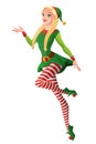 Pretty girl in green Christmas elf costume presenting and flying. Royalty Free Stock Photo