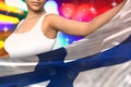 young girl holds Finland flag in front on the party lights - flag concept 3d illustration