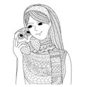 Pretty girl holding an owl zentangle design for coloring book for adult