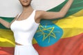 Pretty girl holds Ethiopia flag in hands behind her back on the white background - flag concept 3d illustration