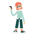A pretty girl in a hoodie and jeans with a smile controls a smartphone. A smart student with glasses is talking on the