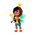 pretty girl infant wearing fairy queen costume holding magic stick on school stage cartoon vector