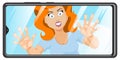 Pretty girl leaned against screen phone. Woman look from inside smartphone. Illustration for internet and mobile website