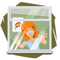 Pretty girl leaned against window. Woman is looking from showcase. Illustration for internet and mobile website