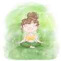 Pretty girl meditates in lotus asana on nature.