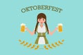 Pretty girl with mugs of beer, Oktoberfest logo design with space for text, invitation. Flat stock vector illustration Royalty Free Stock Photo