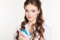 Pretty girl nurse with syringe on white background Royalty Free Stock Photo