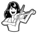 Pretty Girl Playing Violin Black And White Illustration