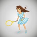 Pretty girl in a polka-dot dress playing tennis.