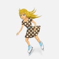 Pretty girl in a polka-dot dress riding on roller skates.
