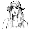 Pretty girl portrait. Blonde woman with hat.