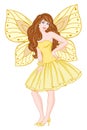 Pretty  girl posing in dress and butterfly wings, hand drawn vector illustration on a white background Royalty Free Stock Photo