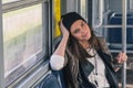 Pretty girl posing in a metro car Royalty Free Stock Photo