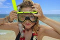 Pretty girl puts on snorkle and mask Royalty Free Stock Photo